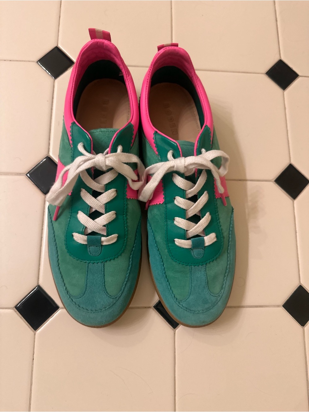 Boden Teal Green and Hot Pink Suede Lace-Up Sneakers